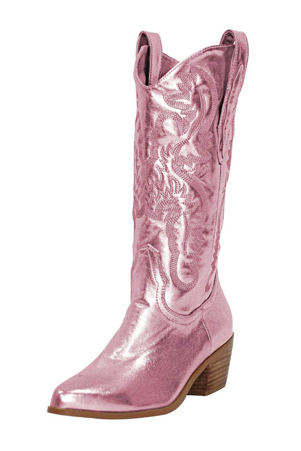 Pink Metallic Mid-Calf Western Cowboy Pointed Toe Block Heeled Boot