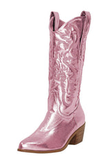 Pink Metallic Mid-Calf Western Cowboy Pointed Toe Block Heeled Boot