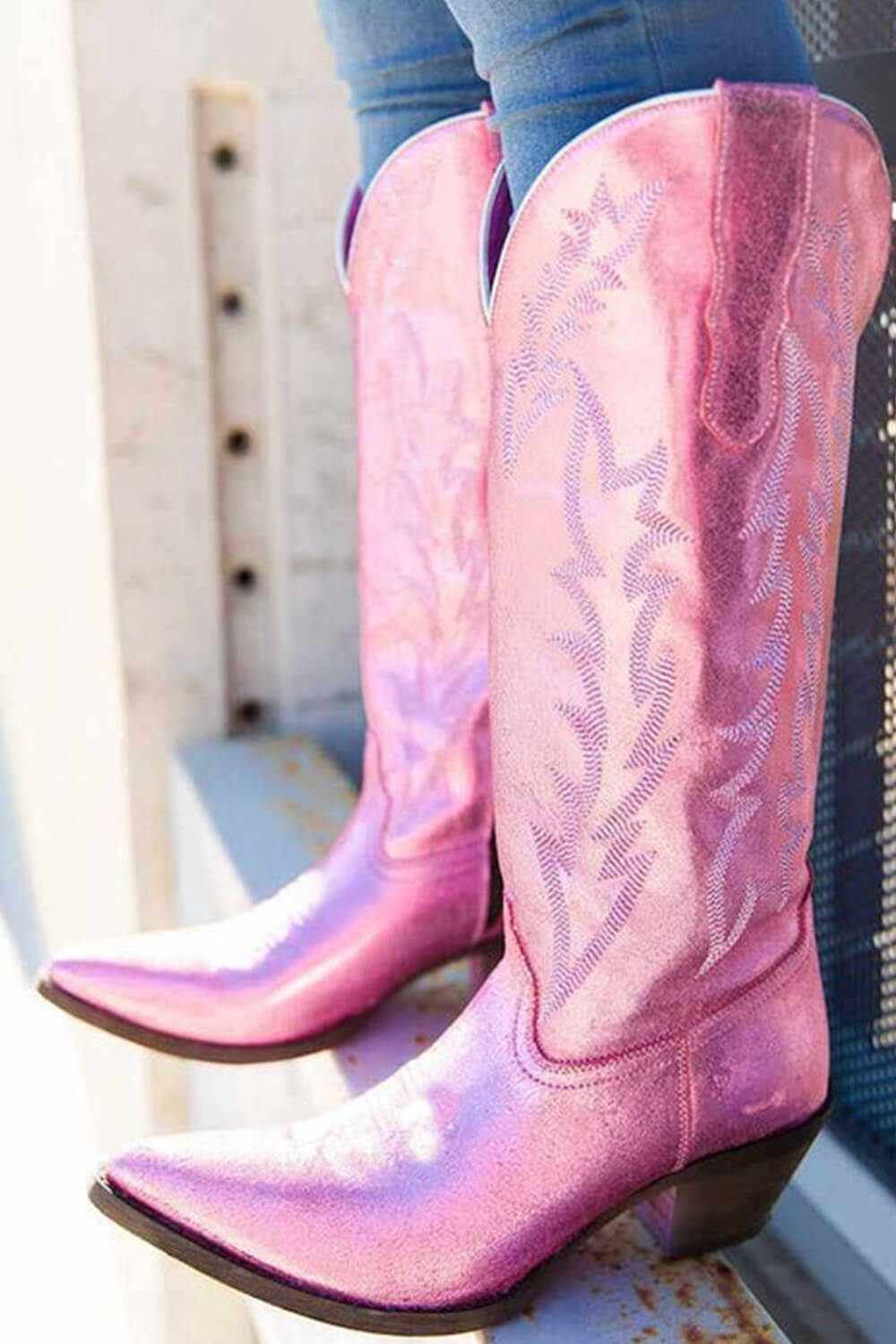 Pink Metallic Mid-Calf Western Cowboy Pointed Toe Block Heeled Boot