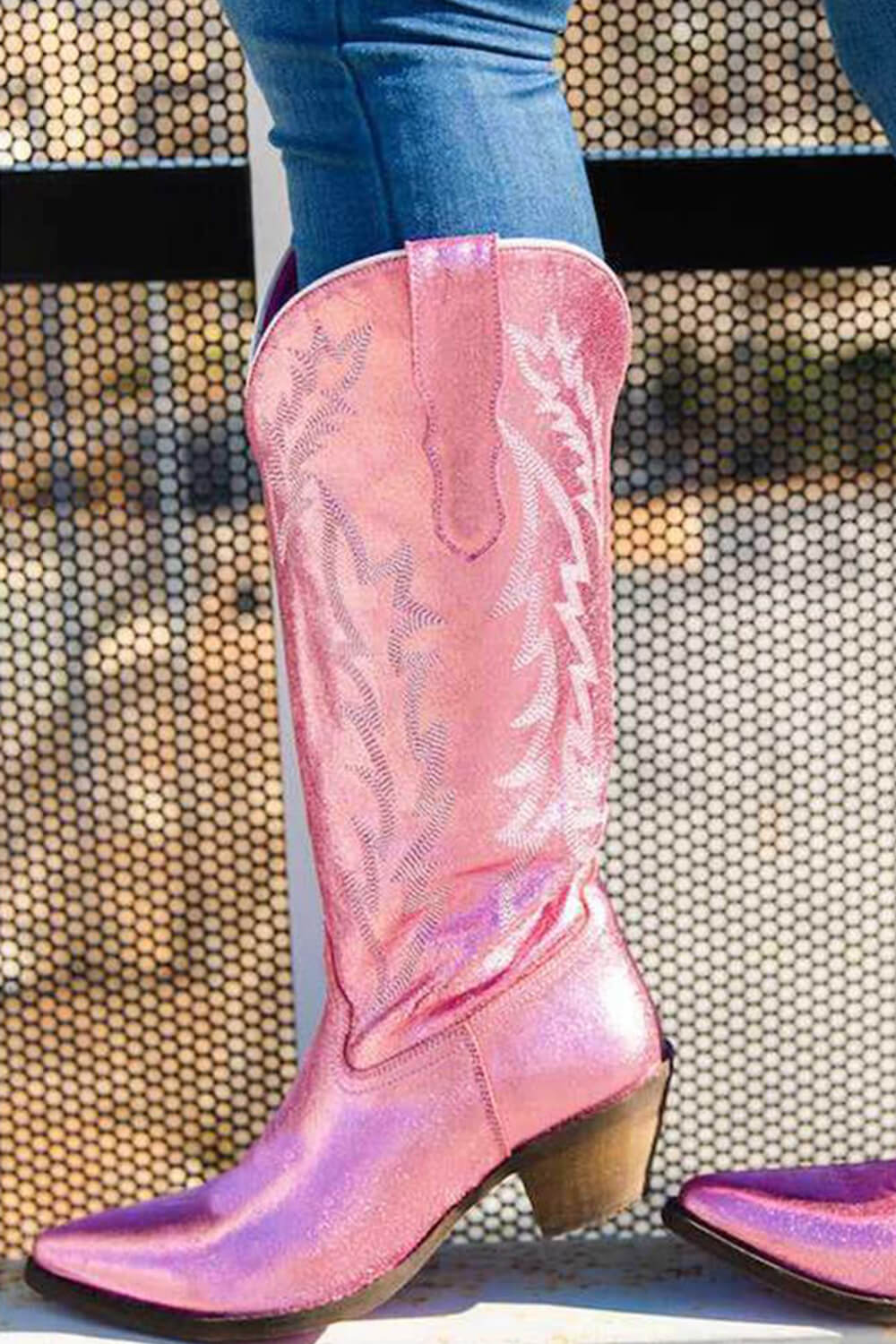 Pink Metallic Mid-Calf Western Cowboy Pointed Toe Block Heeled Boot