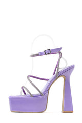 Satin Diamante Open Square Toe Platform Ankle Heels - Lilac