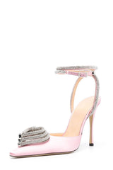 Pink Satin Triple Heart Crystal-Embellished Wrap Around Pointed Toe Stiletto Heels