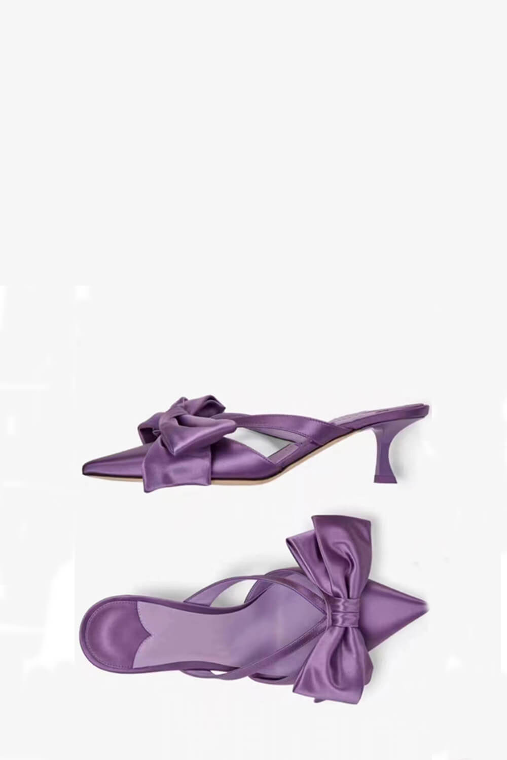 Purple Satin Low Heeled Mules With Bow Detailing