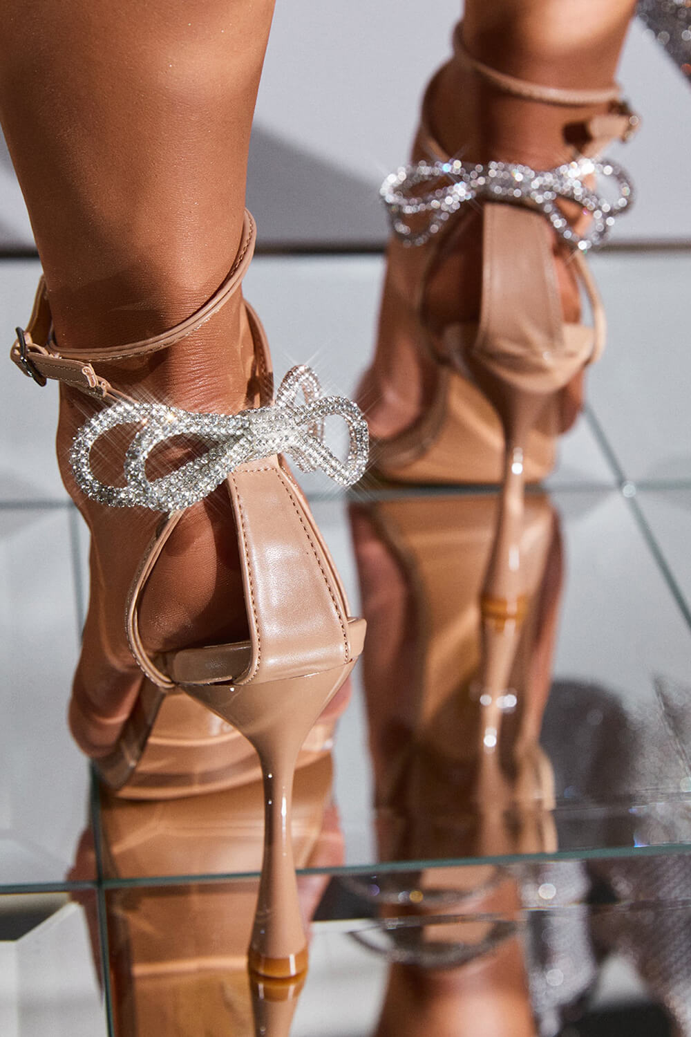 Diamante Bow Embellished Faux Leather Clear Perspex Strap Open Pointed Toe Ankle Heeled Sandals - Nude