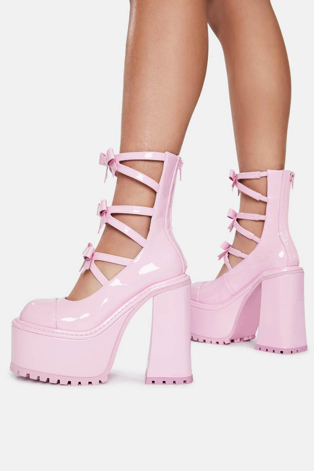 Pink Patent Strappy Round Toe Platform Mary Jane Heels