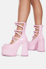 Pink Patent Strappy Round Toe Platform Mary Jane Heels