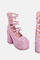 Pink Patent Strappy Round Toe Platform Mary Jane Heels