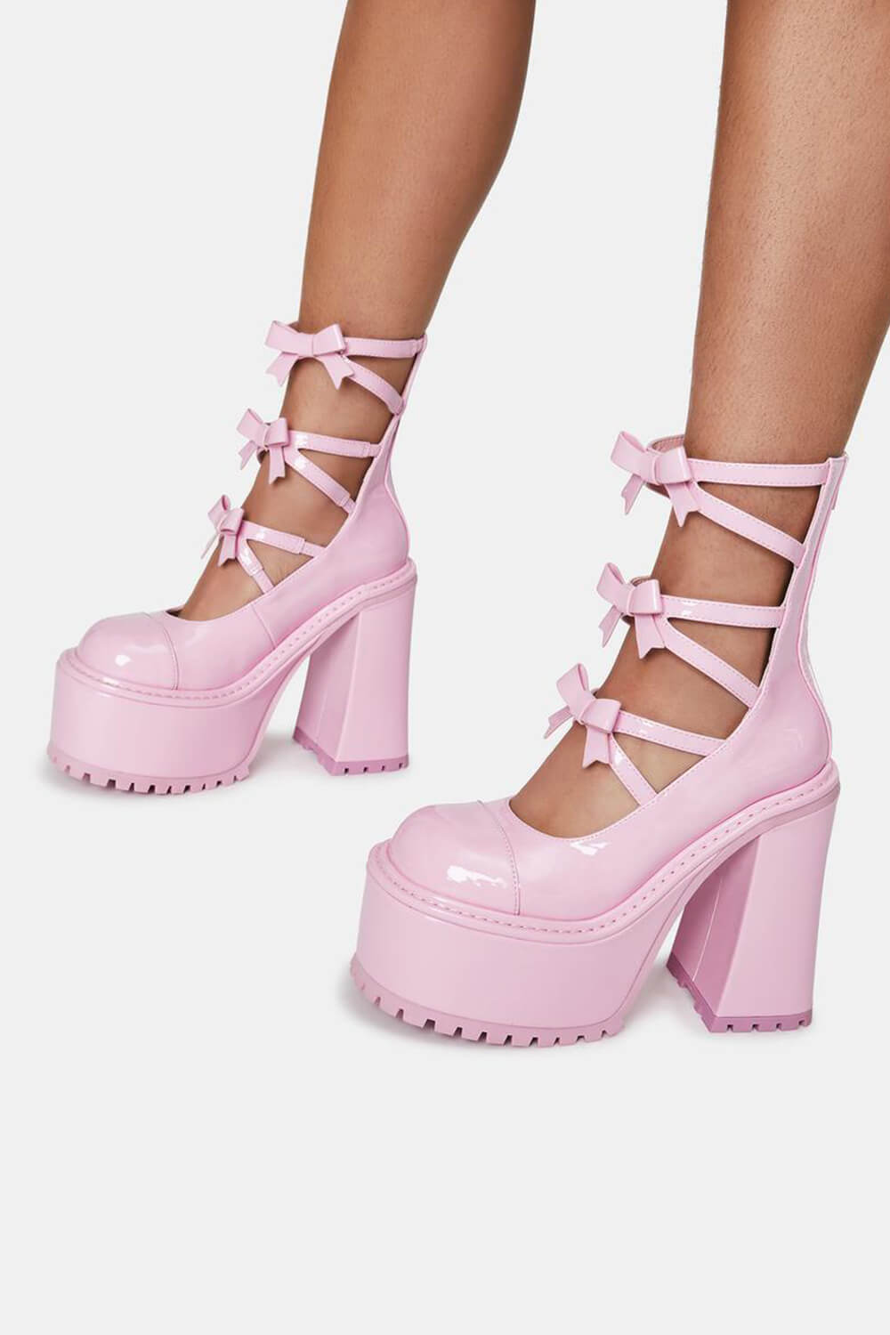 Pink Patent Strappy Round Toe Platform Mary Jane Heels