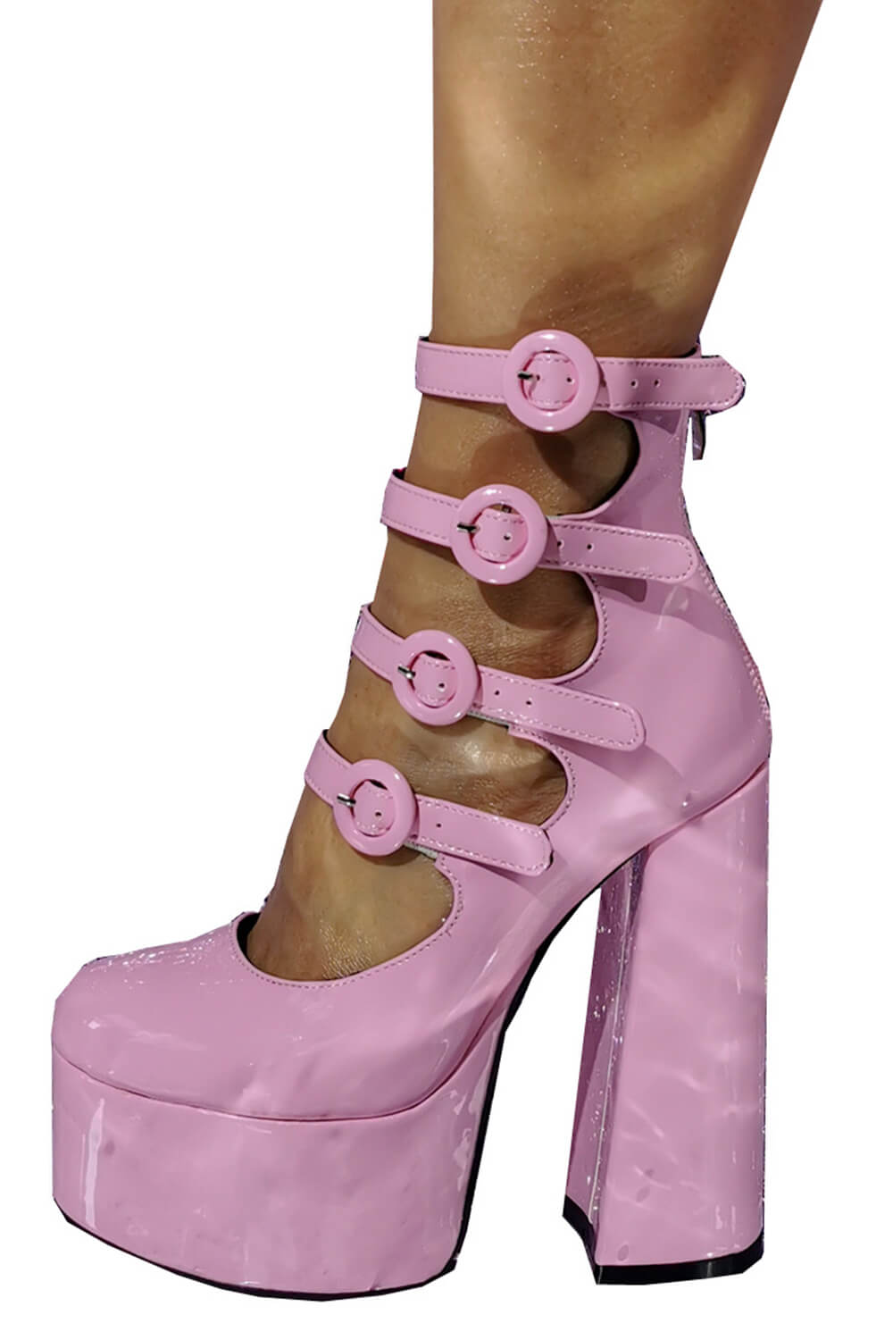 Pink Patent Strappy Bow Round Toe Platform Mary Jane Heels