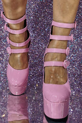 Pink Patent Strappy Bow Round Toe Platform Mary Jane Heels
