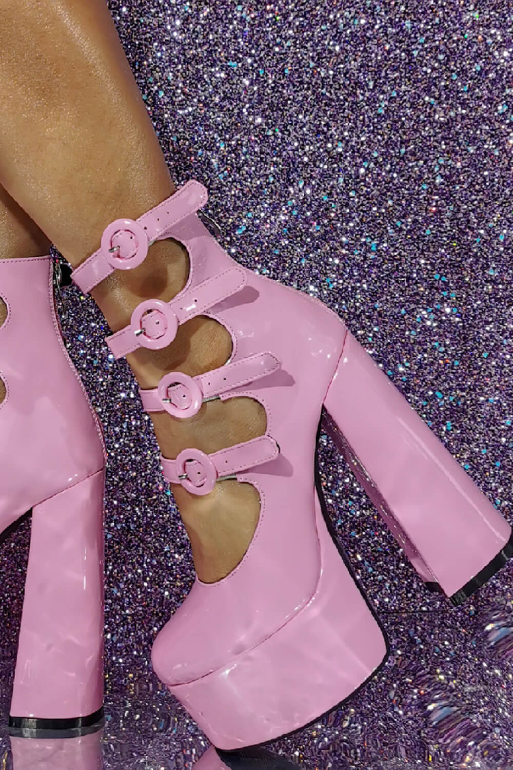 Pink Patent Strappy Bow Round Toe Platform Mary Jane Heels