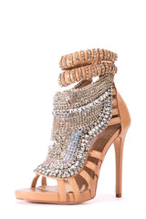 Rhinestone-Embellished Faux Leather Pointed Peep Toe Stiletto Heels - Nude