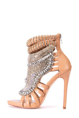Rhinestone-Embellished Faux Leather Pointed Peep Toe Stiletto Heels - Nude