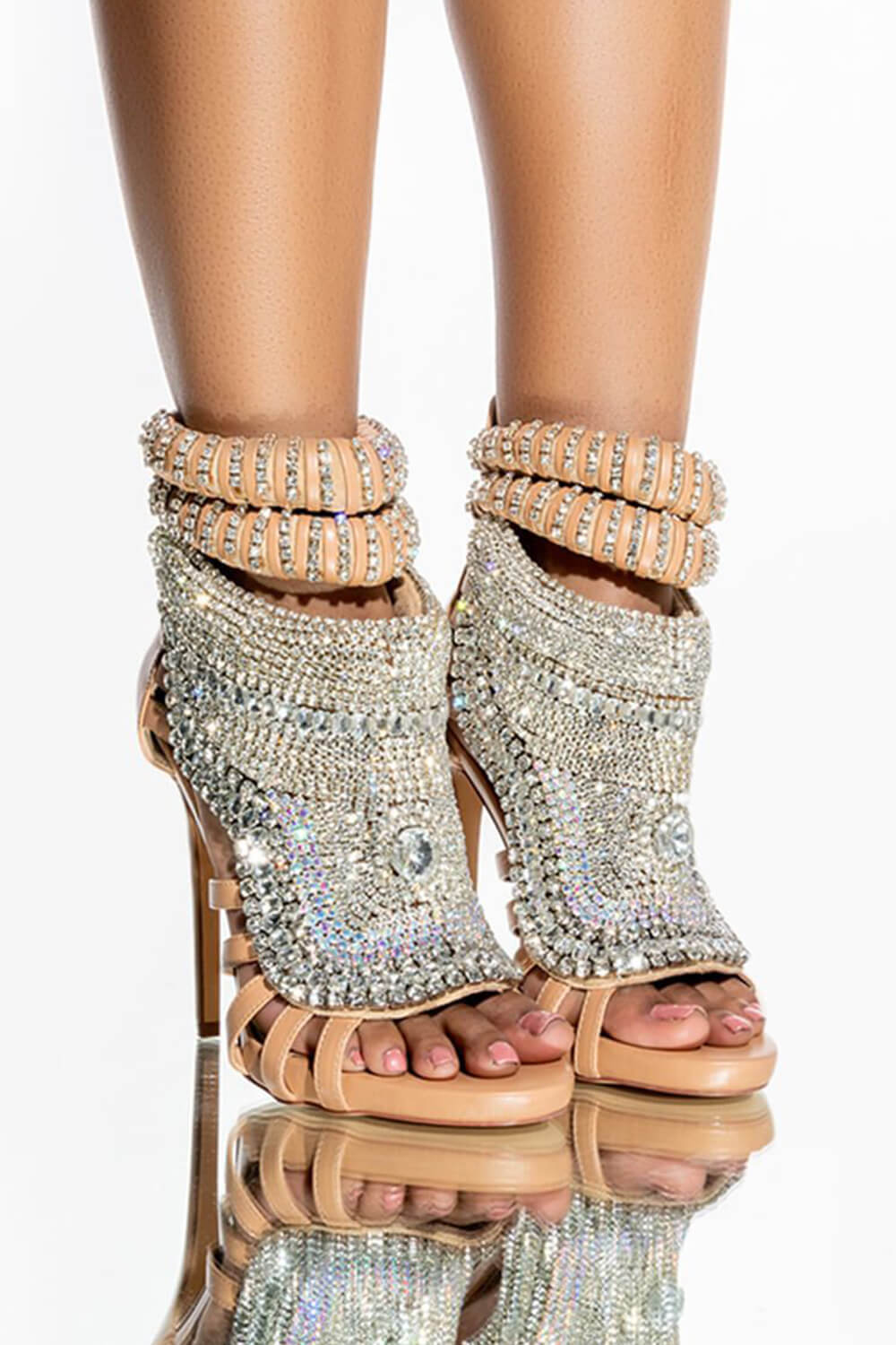 Rhinestone-Embellished Faux Leather Pointed Peep Toe Stiletto Heels - Nude