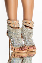 Rhinestone-Embellished Faux Leather Pointed Peep Toe Stiletto Heels - Nude