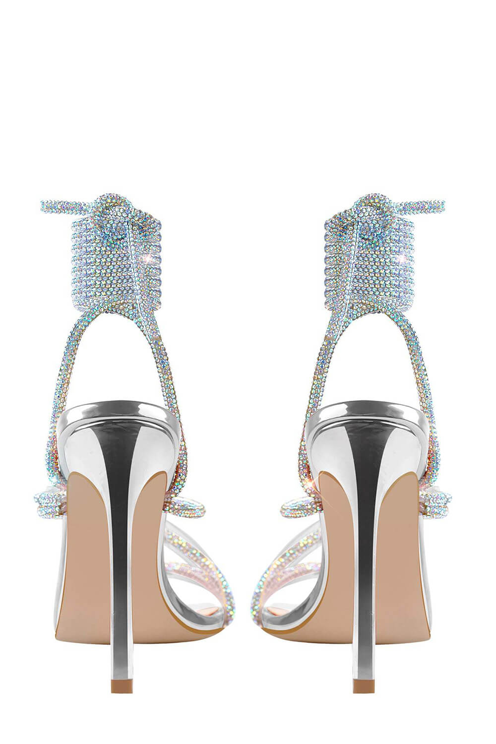 Silver Clear Lace Up Embellished Coil Open Square High Heels