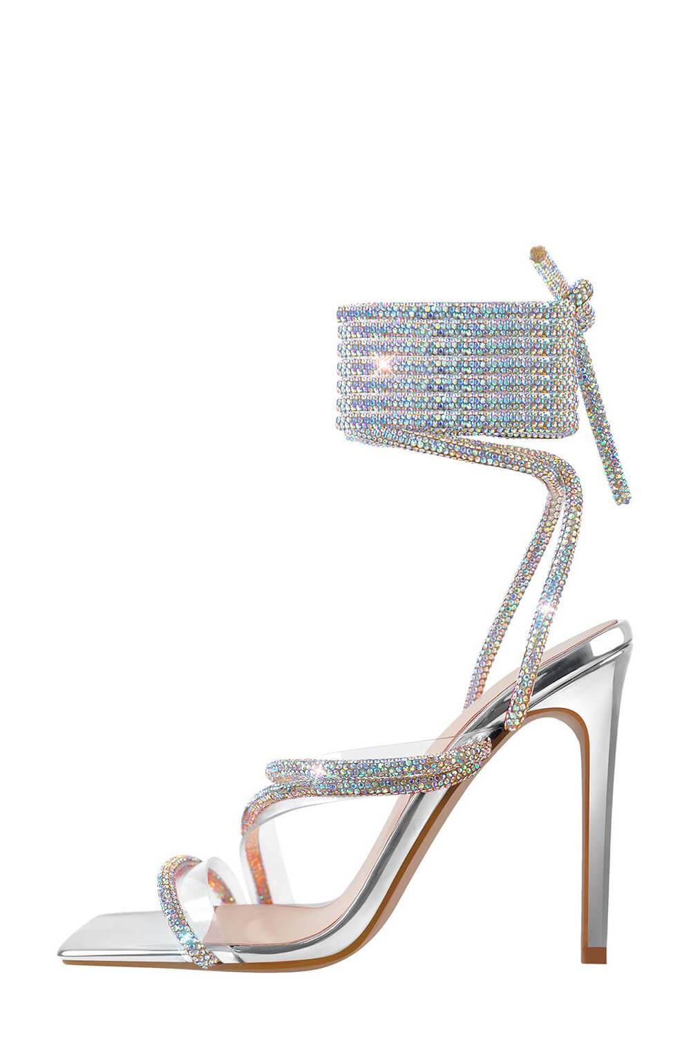 Silver Clear Lace Up Embellished Coil Open Square High Heels