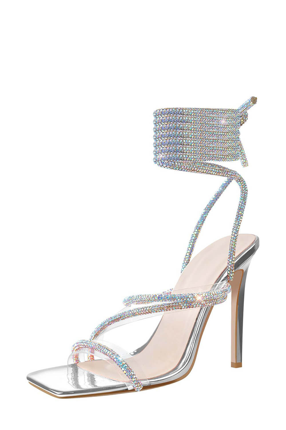 Silver Clear Lace Up Embellished Coil Open Square High Heels