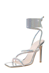 Silver Clear Lace Up Embellished Coil Open Square High Heels