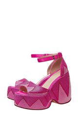 Rhinestone-Embellished Faux Leather Peep Toe Wedge Heeled Ankle Sandals