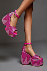 Rhinestone-Embellished Faux Leather Peep Toe Wedge Heeled Ankle Sandals
