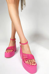 Faux Leather Strappy Peep Toe Wedge Heeled Ankle Sandals - Hot Pink