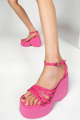 Faux Leather Strappy Peep Toe Wedge Heeled Ankle Sandals - Hot Pink