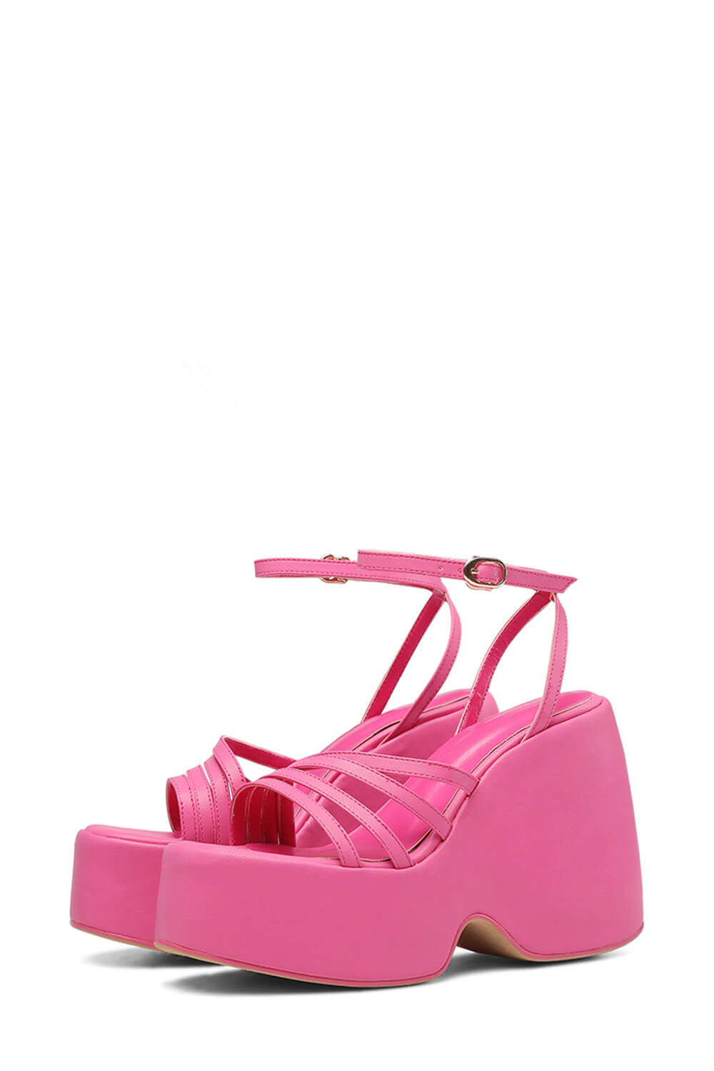 Faux Leather Strappy Peep Toe Wedge Heeled Ankle Sandals - Hot Pink
