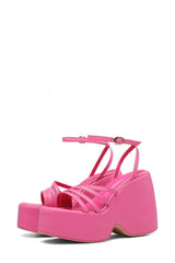 Faux Leather Strappy Peep Toe Wedge Heeled Ankle Sandals - Hot Pink