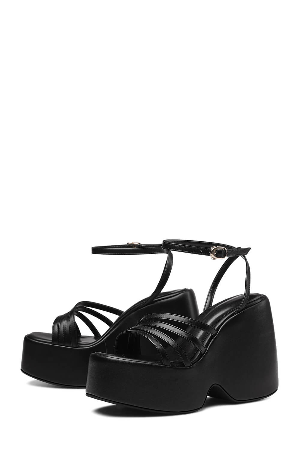 Faux Leather Strappy Peep Toe Wedge Heeled Ankle Sandals - Black