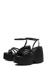 Faux Leather Strappy Peep Toe Wedge Heeled Ankle Sandals - Black