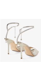 Silver Glitter Crystal-Embellished Open Square Toe Stiletto Heeled Courts