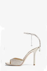 Silver Glitter Crystal-Embellished Open Square Toe Stiletto Heeled Courts