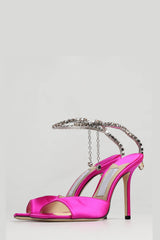 Hot Pink Satin Crystal-Embellished Open Square Toe Stiletto Heeled Courts