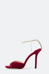 Red Velvet Crystal-Embellished Open Square Toe Stiletto Heeled Courts
