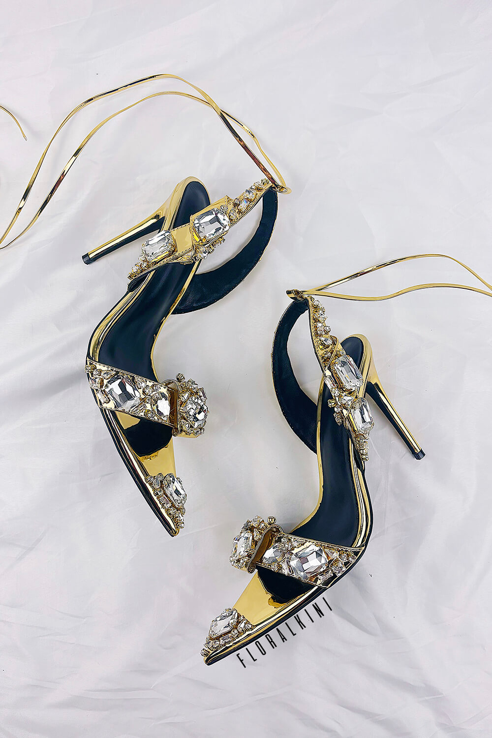 Metallic Crystal-Embellished Poiny Jewel Lace Up Stiletto Heeled Sandals - Gold