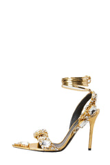 Metallic Crystal-Embellished Poiny Jewel Lace Up Stiletto Heeled Sandals - Gold