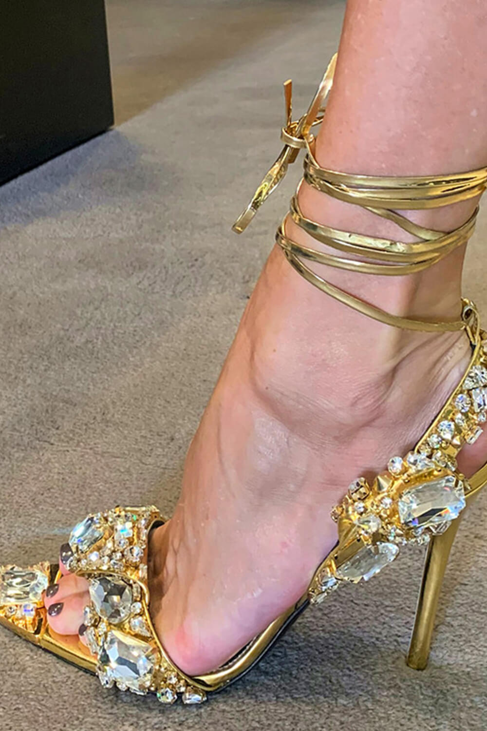 Metallic Crystal-Embellished Poiny Jewel Lace Up Stiletto Heeled Sandals - Gold