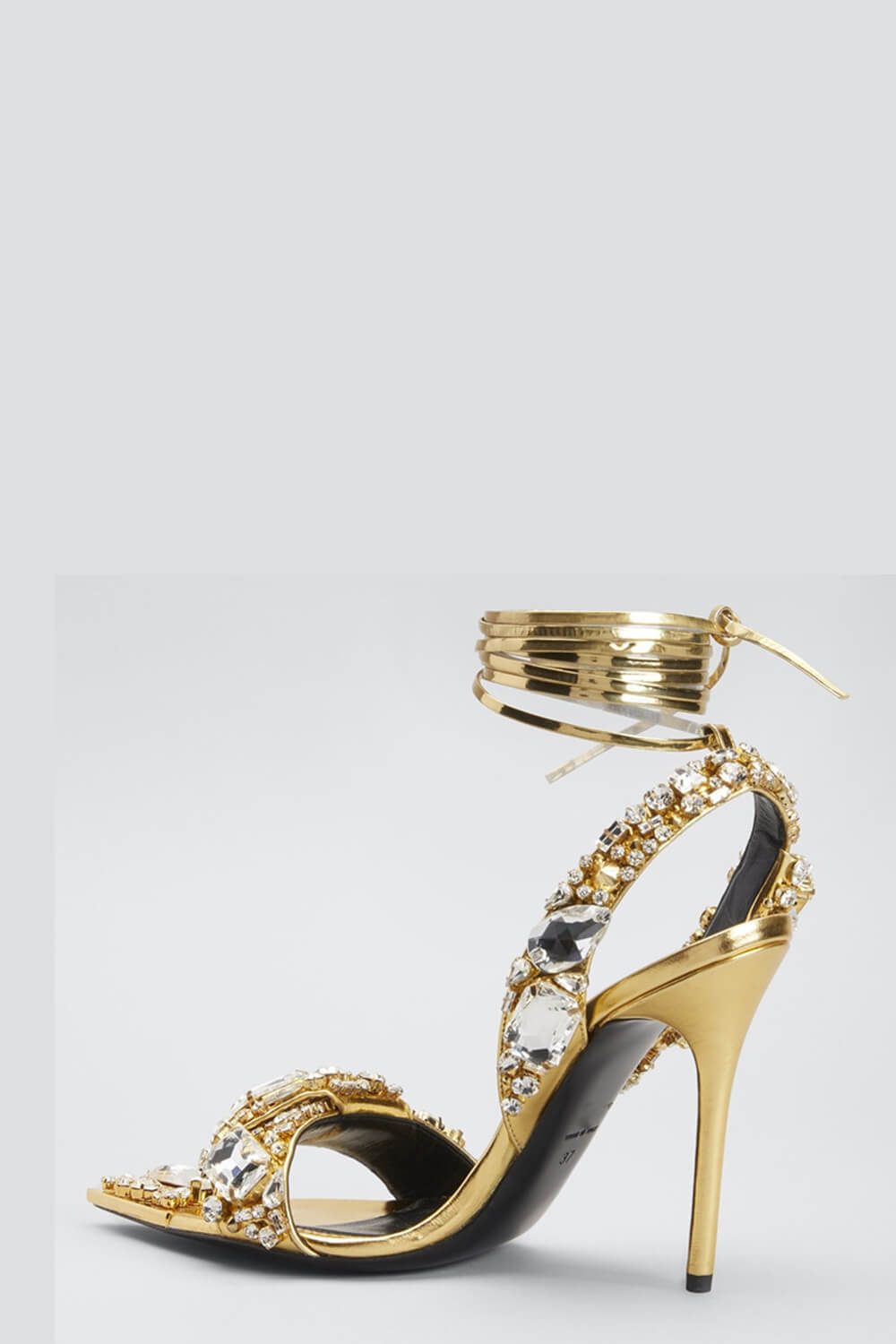 Metallic Crystal-Embellished Poiny Jewel Lace Up Stiletto Heeled Sandals - Gold