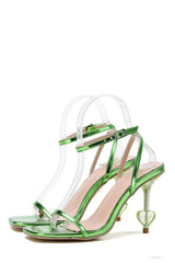 Metallic Faux Leather Open Square Toe Stiletto Heart Heels - Green