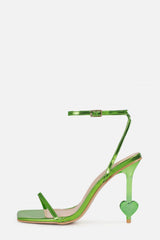 Metallic Faux Leather Open Square Toe Stiletto Heart Heels - Green