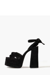 Knotted Ankle-Wrap Open Toe Platform Suede Sandals - Black