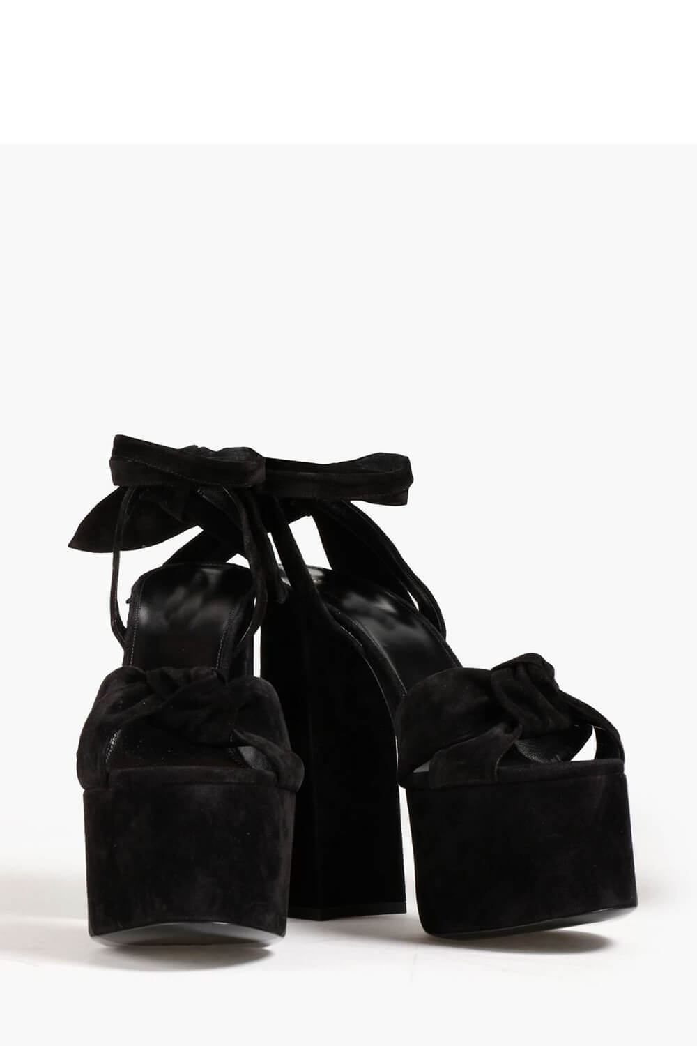 Knotted Ankle-Wrap Open Toe Platform Suede Sandals - Black