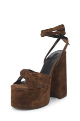 Knotted Ankle-Wrap Open Toe Platform Suede Sandals - Brown