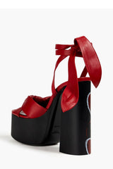 Heart-Print Knotted Ankle-Wrap Open Toe Platform Suede Sandals