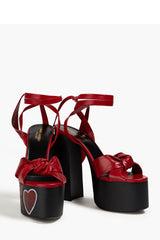 Heart-Print Knotted Ankle-Wrap Open Toe Platform Suede Sandals