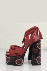 Heart-Print Knotted Ankle-Wrap Open Toe Platform Suede Sandals