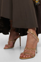 Crystal Chandelier Embellished Faux Satin Wraparound Self-Tie Slingback Sandals - Gold