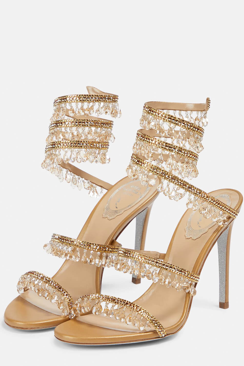 Crystal Chandelier Embellished Faux Satin Wraparound Self-Tie Slingback Sandals - Gold