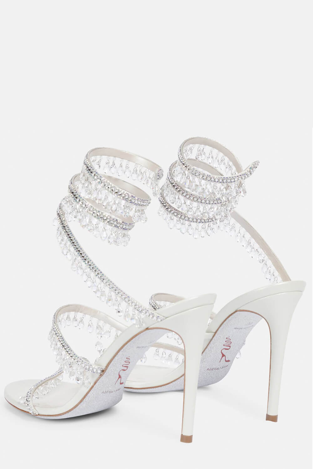 Crystal Chandelier Embellished Faux Satin Wraparound Self-Tie Slingback Sandals - White